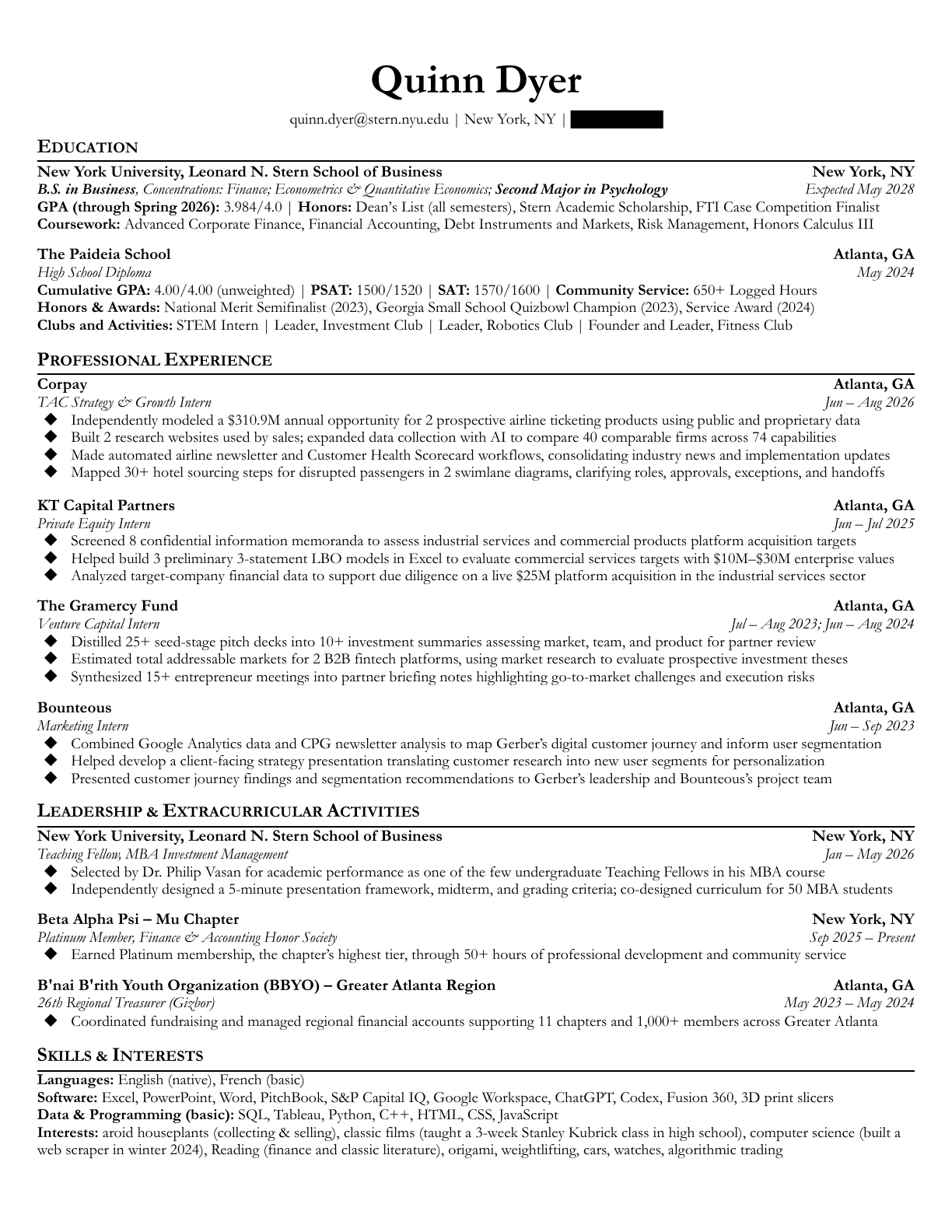 Preview of Quinn Dyer’s résumé. Full accessible text follows.