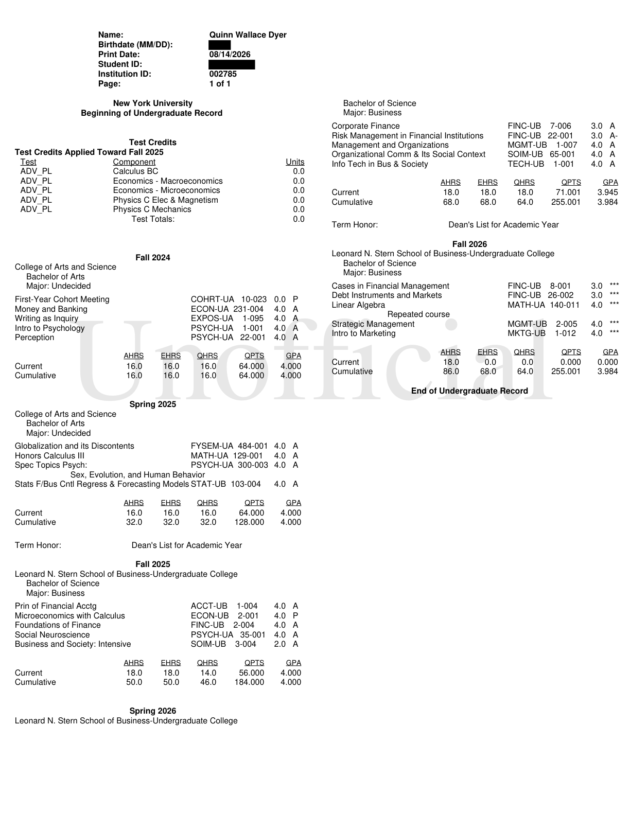 Preview of Quinn Dyer’s unofficial transcript. Full accessible text follows.