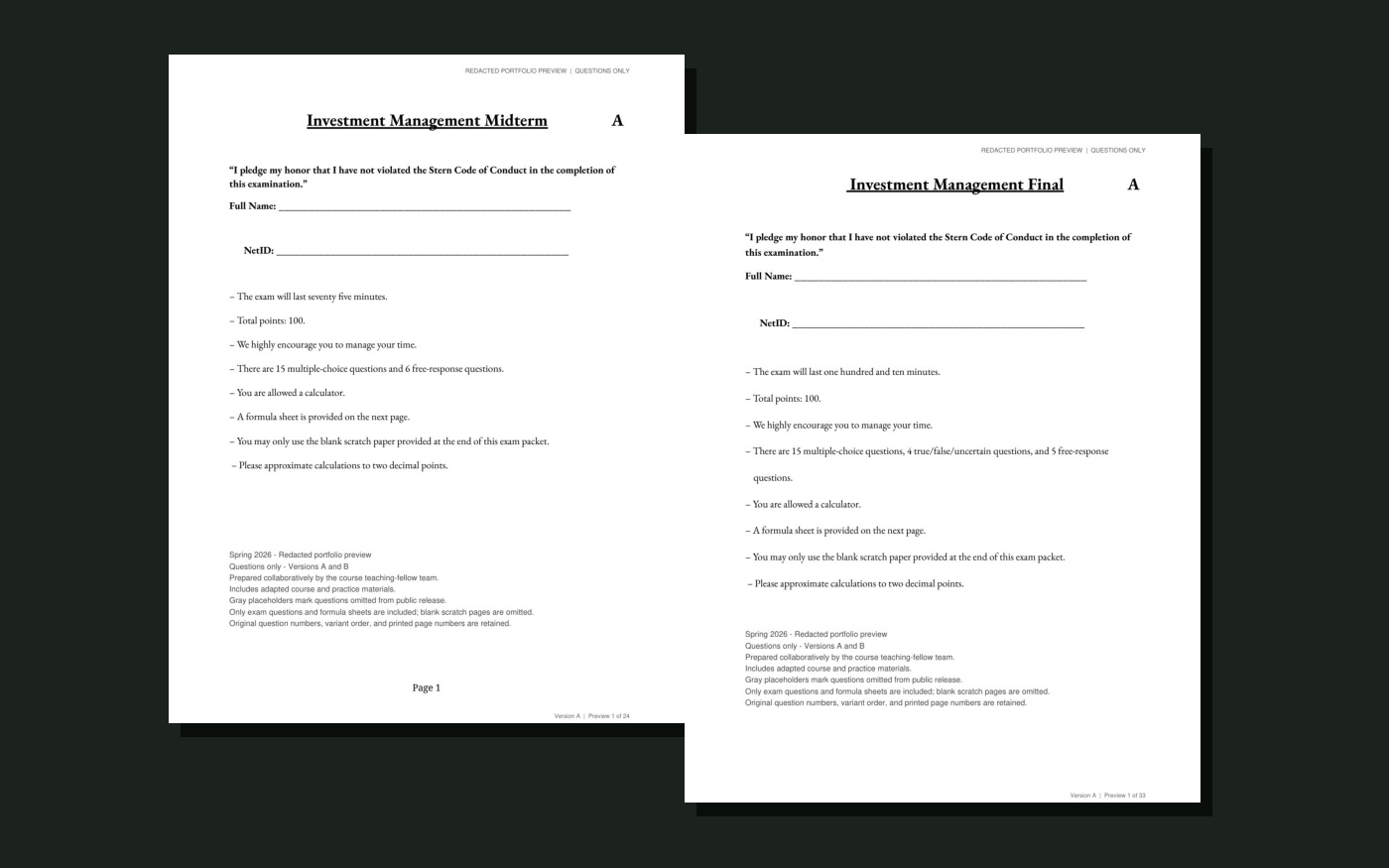Offset cover sheets from the sanitized midterm and final question previews