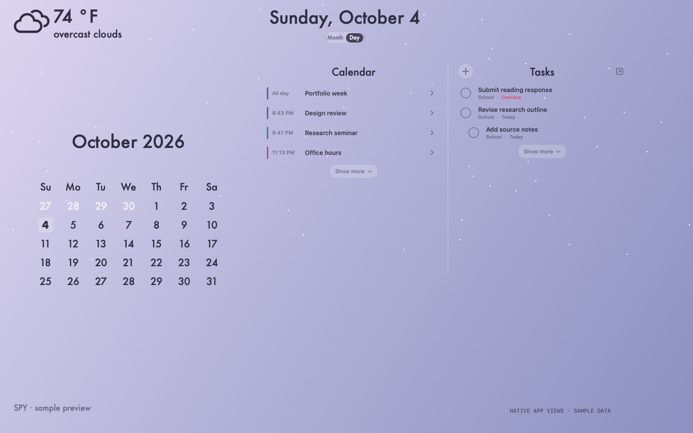 Actual native app views rendered with sample calendar, tasks and weather, alongside a frozen frame of its rising white particles