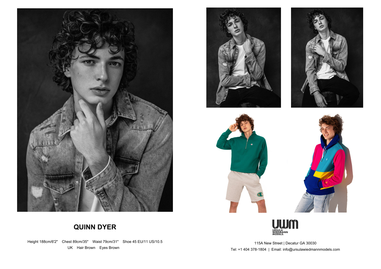 Quinn Dyer’s original agency comp card, with five modeling photographs. The card was archived in August 2022 and linked from the February 2024 agency archive.