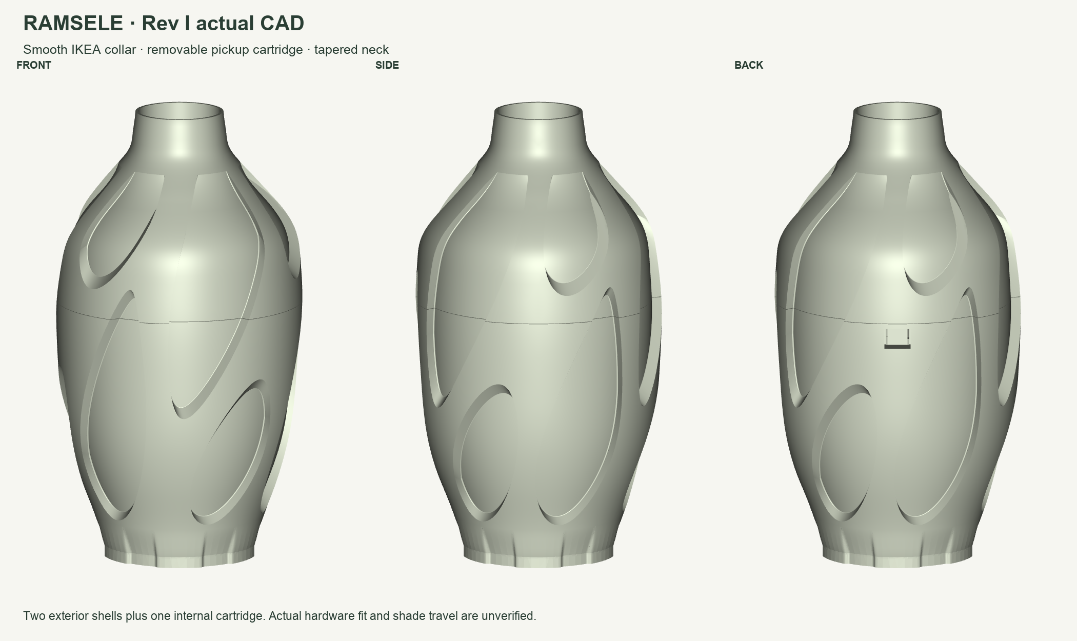 Actual front, side and back CAD views of the current Rev I motor and control enclosure